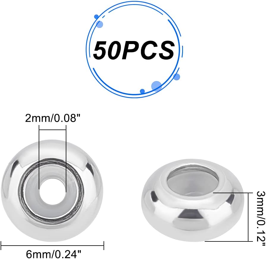 PandaHall 50pcs 6mm Adjustable Slider Round Beads with Rubber Inside Stainless Steel for DIY Bracelets Necklaces Jewelry Making Hole 2mm - Image 3