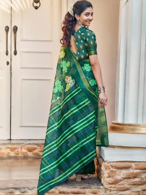 Image of SARETRA MALL Women's Cotton Printed Zari Stripe Saree With Unstitched Blouse Piece