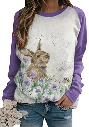 Image of Women's Easter Basic Sweatshirt Crew Neck Long Sleeve Sweatshirt Casual Loose Sweatshirt with Rabbit Print