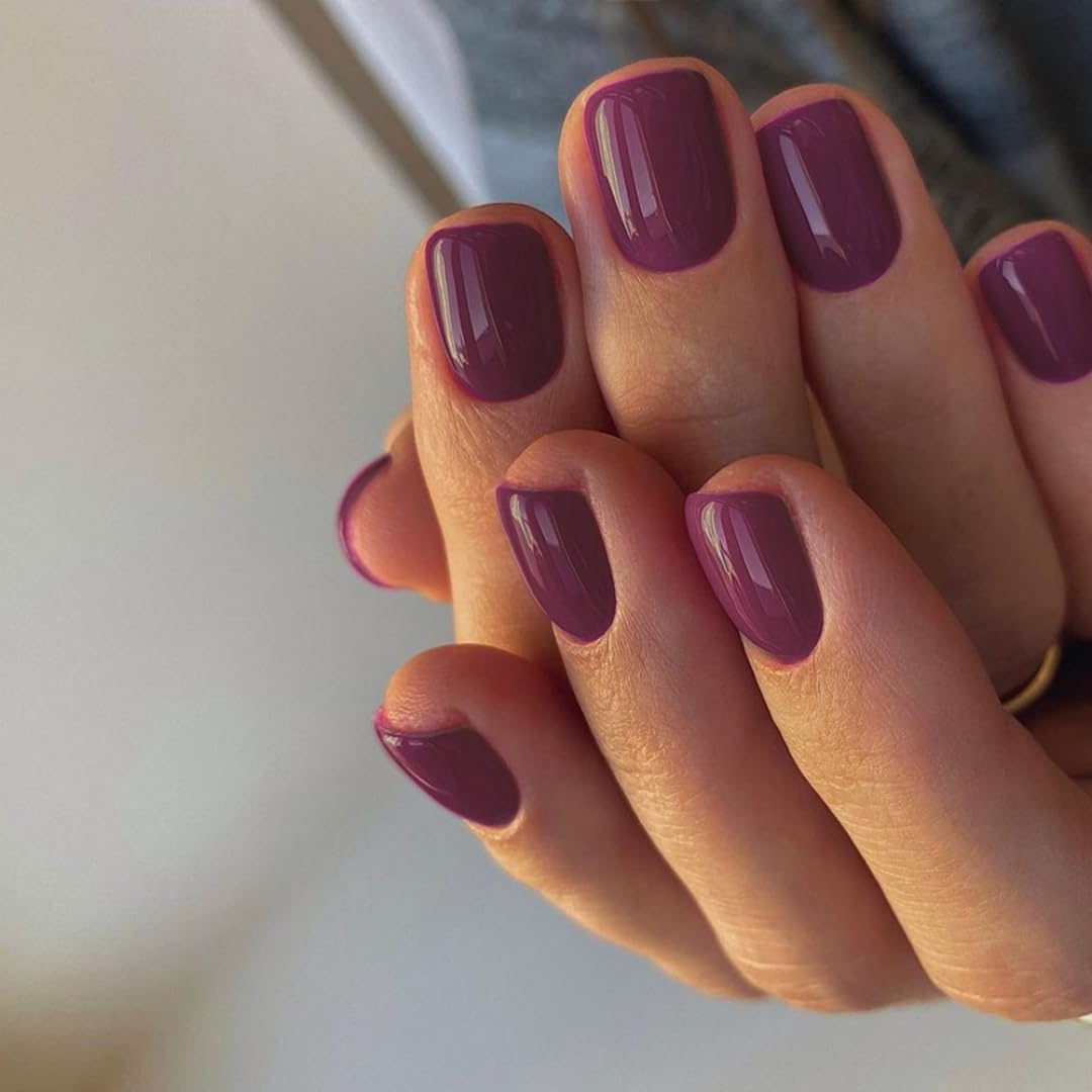 SXVME Plum Press on Nails Short Square Acrylic Short False Nails Coffin Natural Acrylic Fake Nails Set Elegant Solid Color Full Cover Glossy Gel Stick on Nail for Women Daily Wear 24 Pcs - Image 2