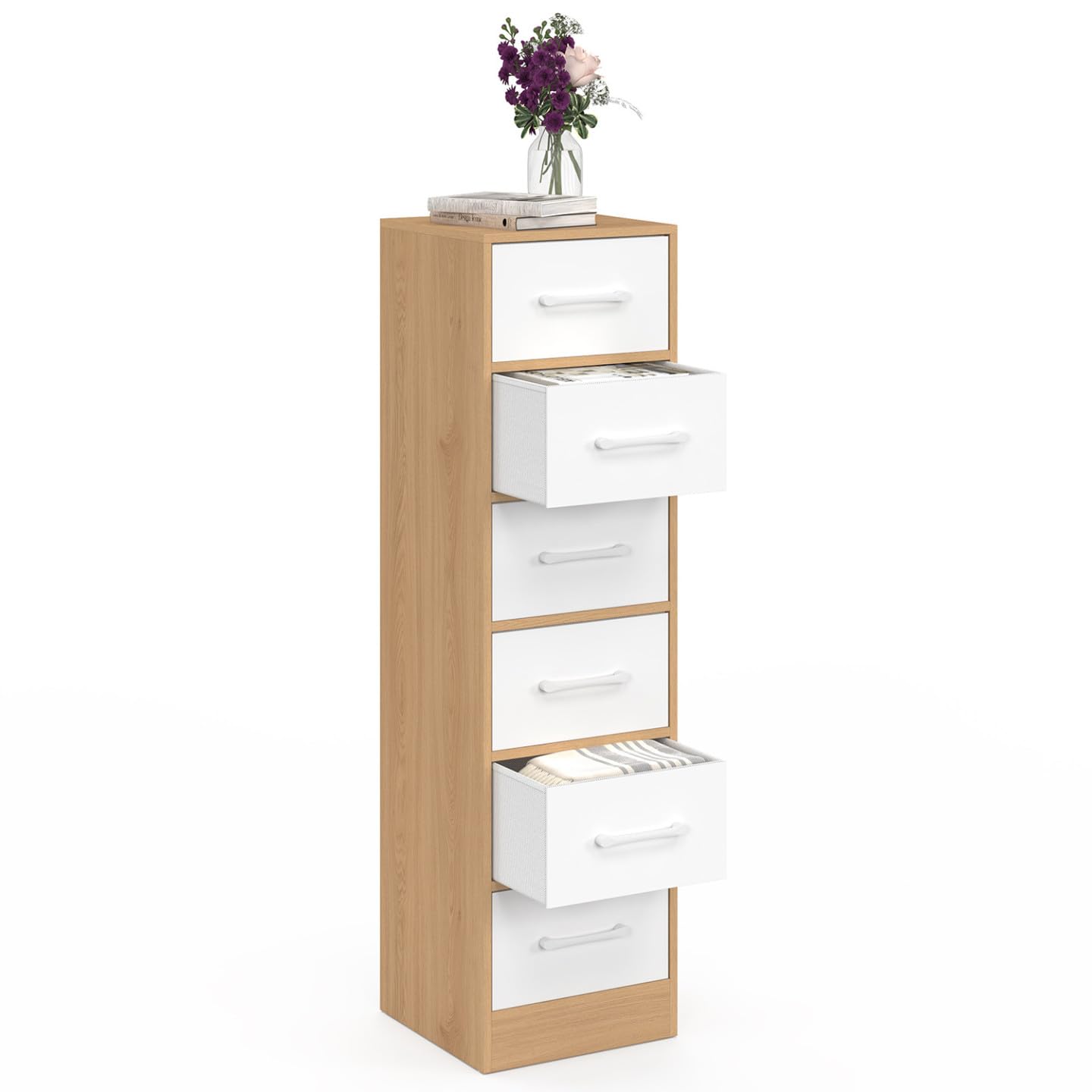 IDMarket - Mueble auxiliar de 6 cajones UPPAH, cajonera de 30 cm, mueble de madera efecto haya y blanco