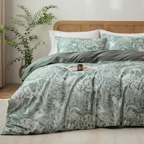 MILDLY King Size Duvet Cover Set 100% Long-Staple Cotton Luxury Green Floral Patten Reversible Comforter Cover Set 3Pcs