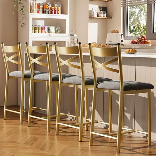 Garvee 26 Inch Bar Stools Set of 4 Counter Height Bar Chairs with Back and Thick Cushion Upholstered Dining Chairs with Padded Seat Barstools for Kitchen Island Bar Dining Room Modern Gold