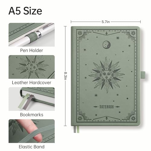Image of EMSHOI Dotted Journal Notebook, 192 Pages, A5 Size (5.7'' x 8.3'') | Leather Hardcover, 100 GSM Thick Paper, for Journaling, Planning, Tracking & Sketching, Sun Debossed (Light Green)