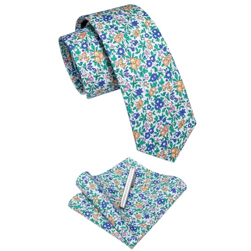 Image of YourTies Cotton Floral Tie for Men 2.5 inch Printed Skinny Necktie Pocket Square Tie Clip Set Flower Wedding Party Groom