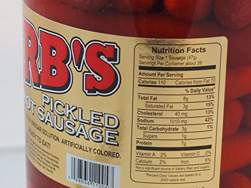 Herbs Red Hot Pickled Sausage (1 Gal. Jar) 39 Count Beef & Chicken No Pork ( From Jersey Candy Company) #TOP4