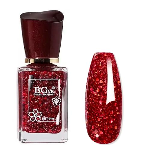 Red Glitter Nail Polish, Burgundy Sparkling Quick Dry Nail Varnish, High Glossy Wine Red Shimmer Holographic Nail Paint Gel, Long Lasting for DIY Nail Art Manicure Home - No Need UV/LED Lamp 14ml