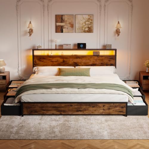Image of Forestell King Size Bed Frame with 2-Tier Storage Headboard & 6 Drawers | Platform Bed with Heavy Duty Slat Support, Charging Station & LED, USB, Type-C & AC Ports, Noise-Free, No Box Spring, Brown
