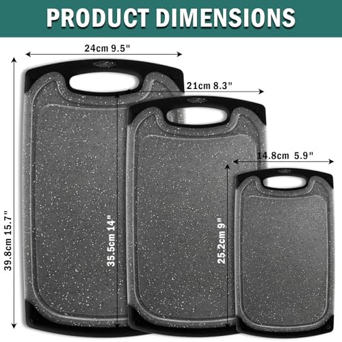 Funnydin Chopping Board Set - 3 Pieces Chopping Boards - 38x24cm / 35x21cm / 25x15cm - Non-Slip Feet and Deep Drip Groove, Dishwasher Safe Cutting Board for Meat, Vegetables, Fruits(Black) - Image 2