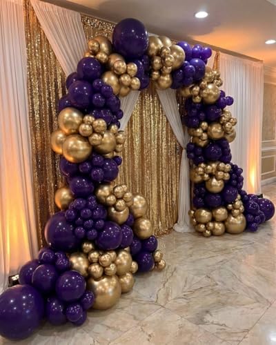Image of Purple and Gold Balloon Garland Arch Kit - Dark Purple and Metallic Explosion Gold Star Balloons for Birthday Graduation Baby Shower Adults Prom Luxury Violet Royal Party Decorations