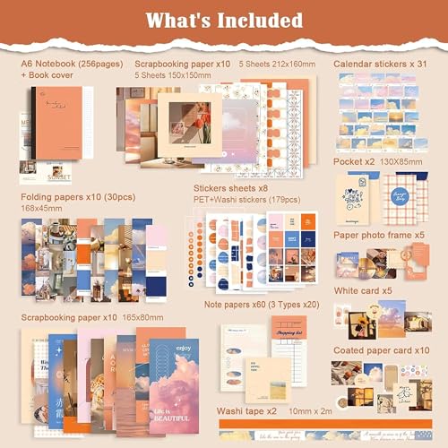 Image of WEMOL Vintage Journal Scrapbook Pack Kit for Art Journaling Bullet, Planners DIY Paper Stickers, Craft Kits Notebook, Collage Album Aesthetic Sticker (Orange)