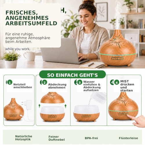 Aroma Diffuser 550ml Ultraschall Luftbefeuchter Holzoptik mit Fernbedienung, 7 LED Farben mit Dimmen & Helligkeit,Timer 1/3/6H, Aromatherapie Diffuser für Schlafzimmer, Wohnzimmer, Yoga & Büro – Bild 5