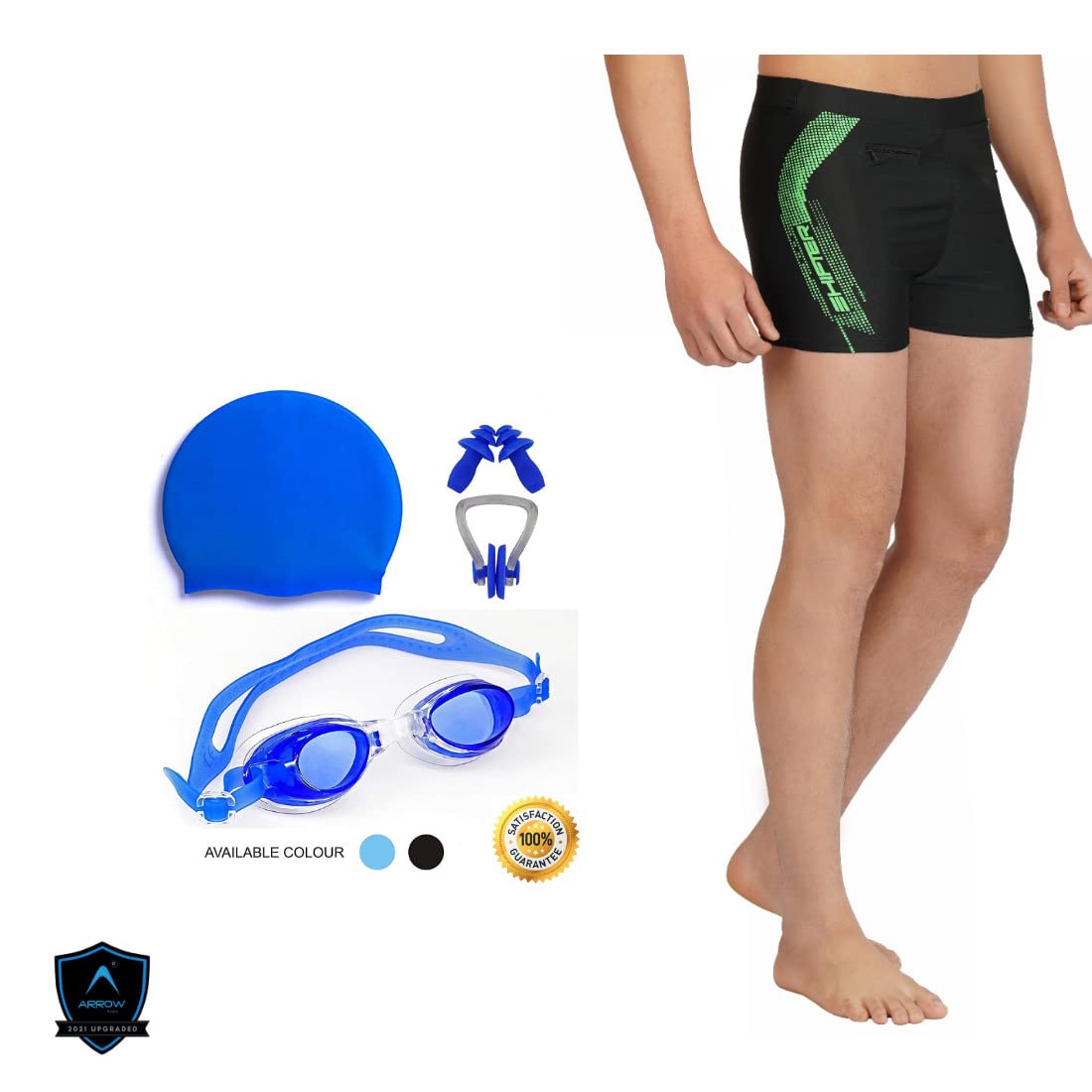 SHIFTERSwimming Combo Kit Regular Fit (28in to 42in) Swimming Short, Goggles, Silicone Cap, 2Pc Ear Plugs, 1 Pc Nose Clip, Swimming Suit