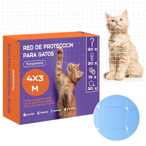Mablik® Red para Gatos Terraza 4x3m Transparente + Kit de Instalación + Instrucciones. Malla Protectora Balcon y Ventanas de Nylon. Trama 3x3cm. Seguridad y protección para tu Gato (4x3m Transparente)