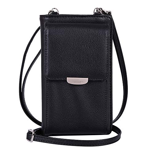 Enjoygoeu Bolsa de Teléfono Celular Bandolera con Correa de Hombro Pequeño para Mujer Multifunción Billetera de Cuero Genuino Negro Rosa (Negro)