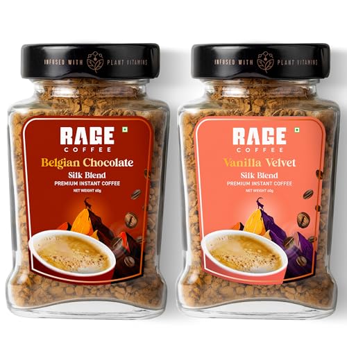 Rage Coffee Silk Blend Instant Coffee | Belgian Chocolate & Vanilla Velvet Silk Blend Flavoured Coffee 60 GMs Each | Premium, Bold & Smooth | Pack of 2