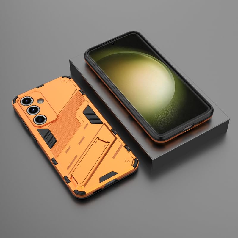 Image of Casodon Rugged Hard Back Case Cover for Samsung Galaxy S24 FE - Military-Grade Armor with Screen & Camera Guard, Dual-Layer Shockproof Design, Raised Edges, and Built-in Kickstand - Pumpkin Orange