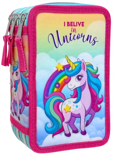 Clondo Astuccio 3D 3 Scomparti Bambina, Per Unicorno Fan, Triplo Riempito, 44 Accessori Scuola Elementare, 3 Zip, 20cm, Riga, Pastelli, Pennarelli