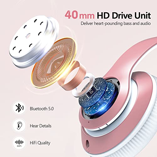 Image of 9S Over Ear Bluetooth Headphones, 60 Hours Playtime, Hi-Fi Stereo, Deep Bass, Microphone, Foldable, Rose Gold
