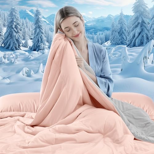 Image of Cooling Comforter Queen Size, Double-Sided Cooling Blanket for Hot Sleepers & Night Sweats, Arc-Chill Q-Max > 0.4 Breathable Ice Blanket, Lightweight Cold Comforter (80''x90'', Pink)