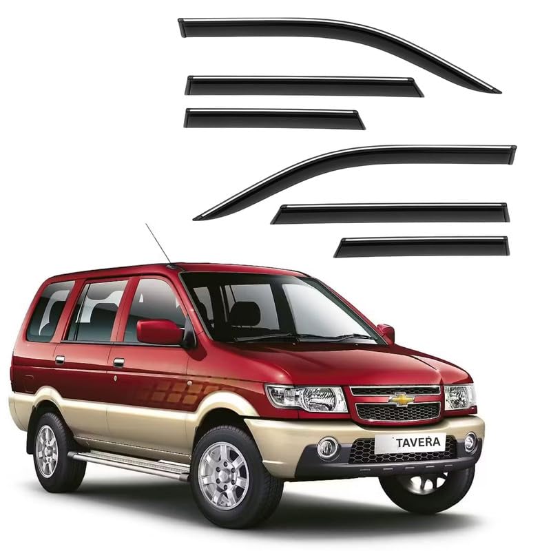 Image of CAR SAAZ Side Door Visors for Tavera (Set of 6Pcs)|Chrome Lined Rain Guards, Polycarbonate, Smoke Finish