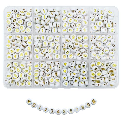 Image of Amaney 600pcs Gold Number Beads 0-9 Symbol # Heart Acrylic Beads 7x4mm White with Storage Box