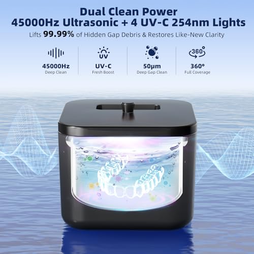 Image of Ultrasonic Retainer Cleaner Machine for Dentures Aligners Mouth Guards | 45kHz Ultrasonic Cleaning, 200ML Tank, Dual Modes for Night Guards Braces Toothbrush Heads Jewelry Dental Appliances
