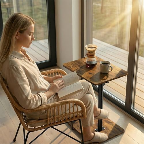 Image of YUHFERA Sofa Armrest Tray Table for Couch - 360 Swivel Height Adjustable End Table for Small Spaces, Snack Side Table for Bed or Chair with Phone & Tablet Slot (Rustic, Enlarged)