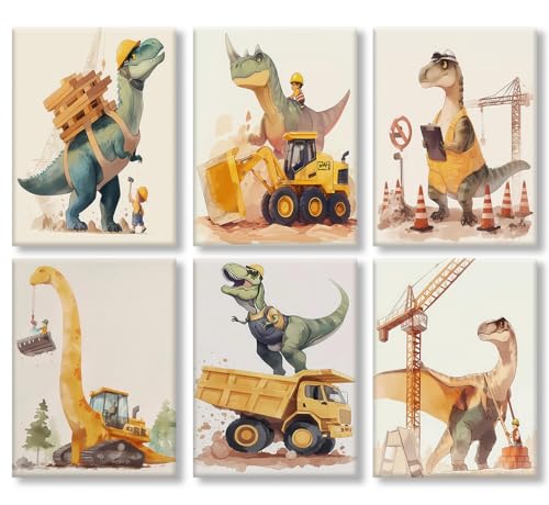 Cute Dinosaur Nursery Canvas Wall Art Construction Trucks and T-Rex Painting Picture Kids Boys Room Wall Decor Funny Dino Vehicles Poster Prints Artwork for Playroom Toddler Room Bedroom Home Decor