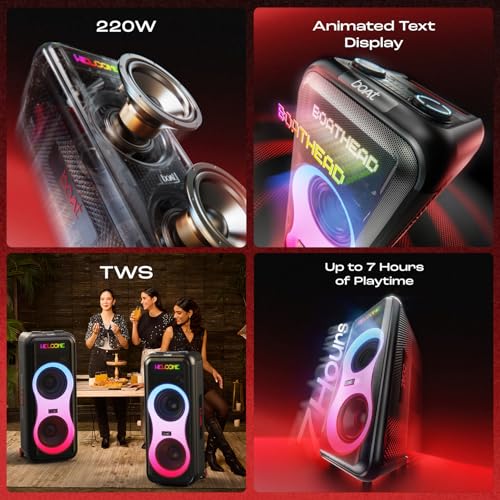 Image of Boat PartyPal 600 Party Speaker, 220W Signature Sound, Dynamic Pixels, Animated Text Display, App Support, UHF Wireless Microphone, Colorful LEDs,7hrs Battery & Guitar Input (Premium Black)