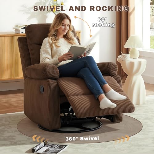 Image of Rocking Recliner Chair,Modern Swivel Glider Recliner Chair,Corduroy Fabric Upholstery Recliner,Manual Reclining Sofa Chair for Living Room,Office,Apartment (Brown)