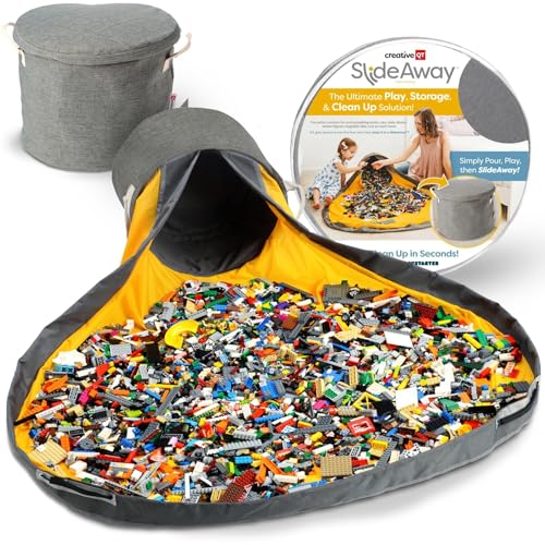 Creative QT SlideAway Toy Storage Organizer & Extra Large 52' Play Mat, Collapsible Storage Bins for Building Bricks, Small Blocks, Toys, Drawstring Cleanup for Kids Playroom & Classroom, Grey