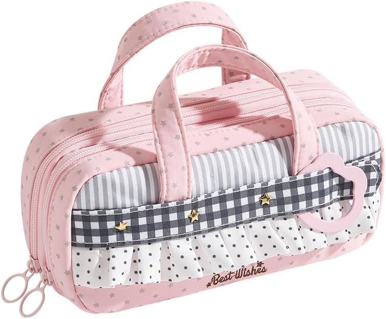 Cute Pencils Case with Handle,Polka Dot Pencil Pouch Organizer，Pink