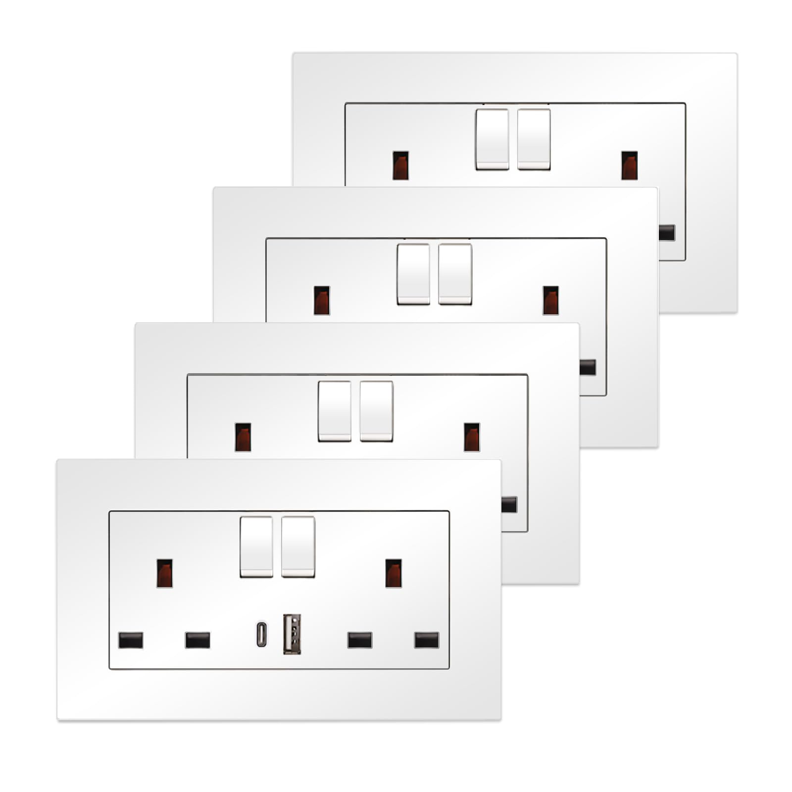 4 Pack CNBINGO Double Switched Power Socket with Dual USB Charging Ports (Type A and C), White 13 Amp Electric Wall Socket