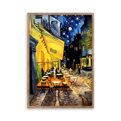 阪画屋 ゴッホ 「夜のカフェテラス」風 アートパネル アートボード ポスター 玄関 壁画 壁掛け 壁飾り 部屋飾り 飾り絵 絵 絵画 油絵 ソファの背景画 インテリア 現代 モダン フレーム 額付き 木枠付きの完成品 木目調 キャンバス 風水 風景画 プレ