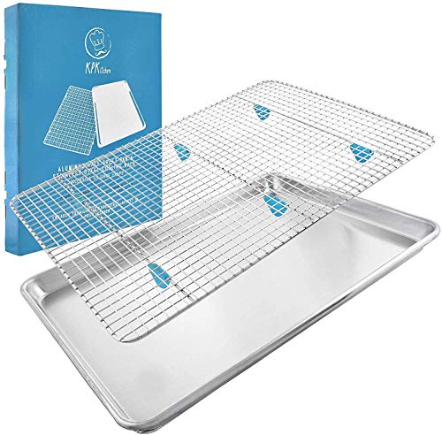 KPKitchen Baking Sheet with Wire Rack Set - Aluminum Half Sheet Pans for Cooking with Stainless Steel Wire Baking Rack for Oven Cooking Rack - Includes Silicone Feet for Bacon Rack for Oven
