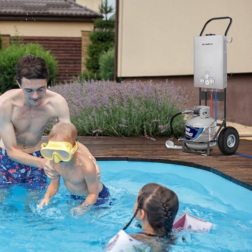 Image of CAMPLUX Portable Tankless Water Heater 55,000 BTU, 2.11 GPM Propane Water Heater for Camping, RV, Outdoor, Battery Operated with Handle, Gray, BW211G