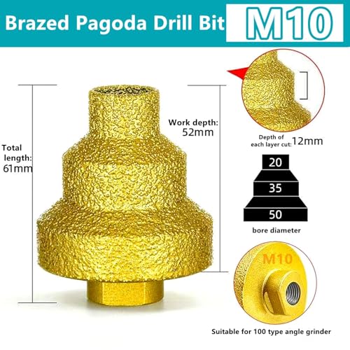 Broca de diamante soldada M10/M14 para baldosas, piedra, roca y placas, broca integrada para escariado (M10, 20-35-50 mm) miniatura 2
