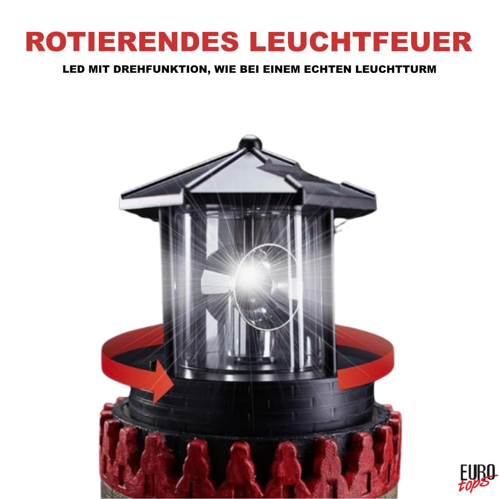 EUROtops Solar Leuchtturm „Lindau“ – handbemalte Deko für Garten & Terrasse, rotierendes LED-Leuchtfeuer, Solarlicht mit Dämmerungssensor, 84 cm