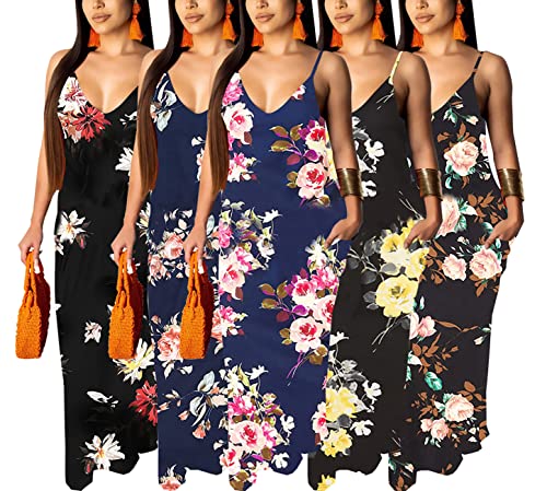 Image of Luau Dress for Women Casual Sexy Summer Floral Spaghetti Strap Sleeveless Plus Size Maxi Dresses with Pockets, Small