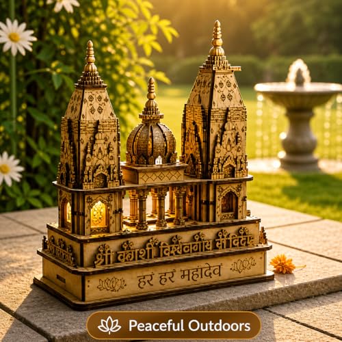 Image of VISHUFAB Wooden Kashi Vishwanath Temple Model | Handcrafted Religious Showpiece | Traditional Home & Office Decor
