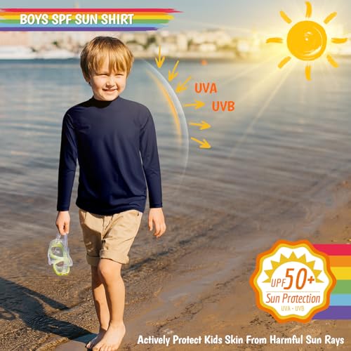 Boys Swim Shirts Rash Guard Long Sleeve Sun Protection UPF50+ Rashguard Fishing Surf Quick Dry Cool Beach Sun Shirt for Toddler Kids Navy Blue 2T2