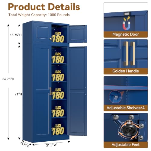 Image of Polup 86 inch Tall Metal Kitchen Pantry Storage Cabinet with Doors and Shelves | Heavy-Duty Blue Cabinet, 4 Adjustable Shelving, Gold Handles, Magnetic Latch, for Dining Living Room, Bathroom & Garage