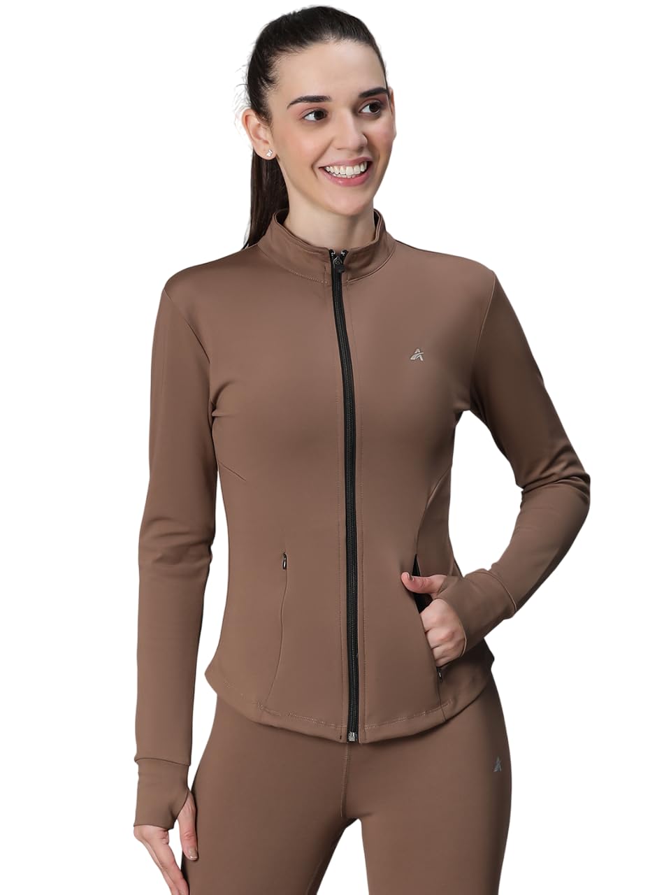 Women’s Full Zip Training Jacket with MockCollar & Thumbhole Sleeves | Quick-Dry, Stretchable, Lightweight Activewear for Gym, Yoga, Running & Sports (IN, Alpha, XL, Regular, Tan)