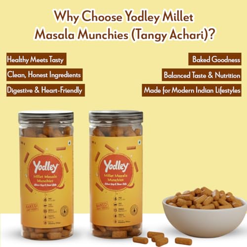 Image of Yodley Millet Masala Munchies - Tangy Achari Flavour - Pack Of 2 | Baked, Not Fried | No Maida, No Palm Oil | Zero Cholesterol | Zero Trans Fat & High In Fiber | Calcium & Iron Rich | Healthy Indian Snack - 150gm