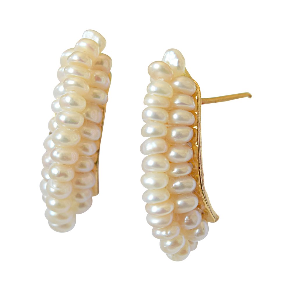 Off-White Freshwater Pearl and Gold Plated Bali Earrings for Women-image-1