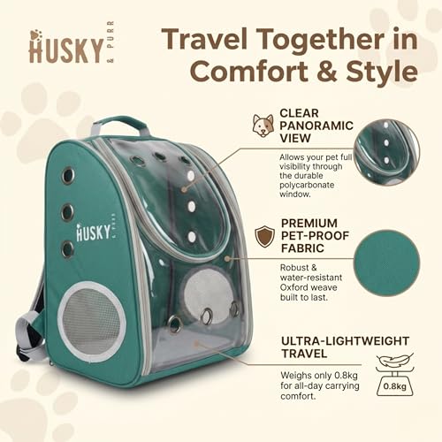 Image of Husky & Purr Cat Bag Carrier Backpack, Green | Collapsible Breathable Pet Carrier Backpack | Anti-Scratch Transparent Cat Carrier Bag for Travel, Up to 7kgs