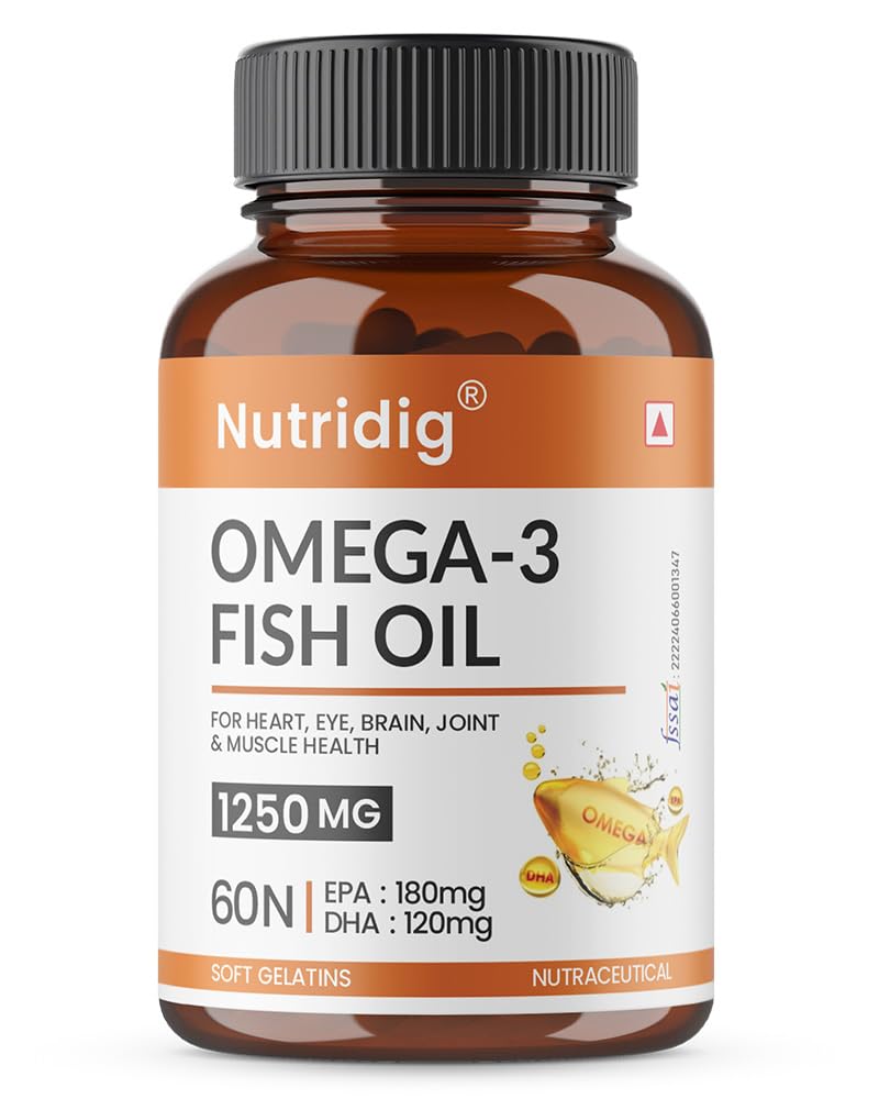 Omega-3 Fish Oil 1250 mg | 180mg EPA & 120mg DHA per Softgel | High Absorption for Heart, Brain, Eye, Joint & Skin Health | 60 Softgels