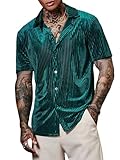 Verdusa Men's Button Front Short Sleeve Collar Velvet Shirt Tops CasualShirts Dark Green Medium