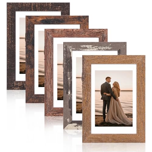 Fixwal 4x6 Rustic Picture Frames Set of 5 Vintage Distressed Photo Frames with Tempered Glass Decorative Art for Wall Hanging and Tabletop Placement Display 3.5x5 with Mat or 4x6 Without Mat
